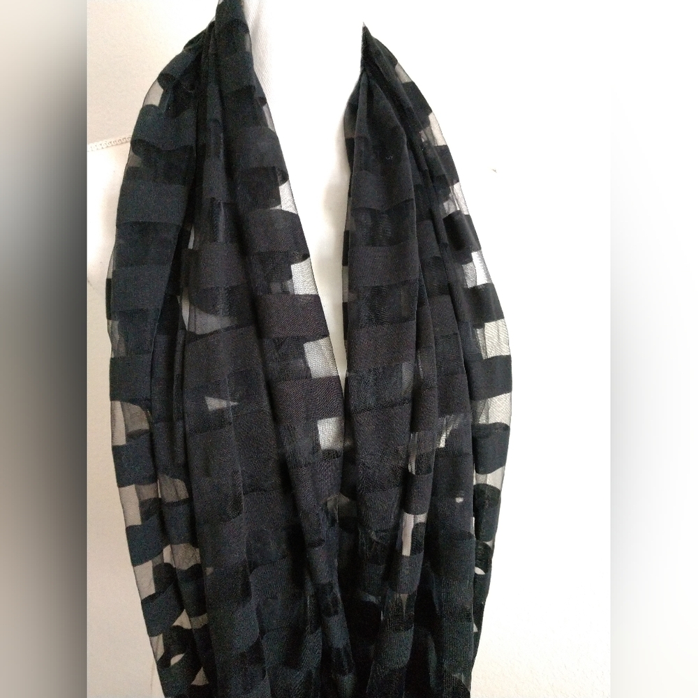 Cejon Black Infinity Scarf Sheer and Solid Stripes Circle Loop